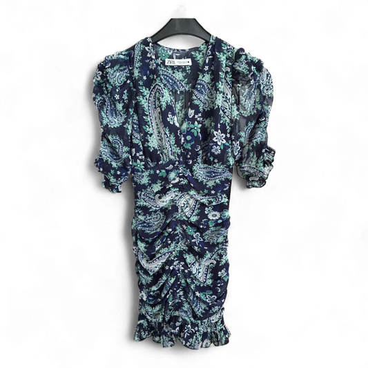 Zara Kleid Damen Dress Damenkleid Gr. XS Blau Grün Paisley Stretch V-Ausschnitt