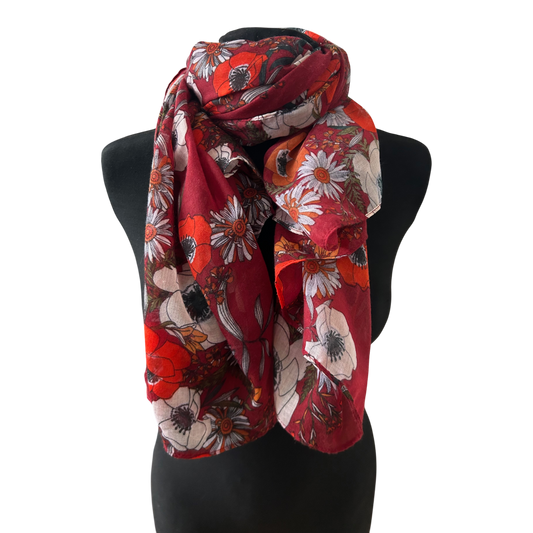 Damen Tuch Blumen Bordeaux Rot Creme 130 x 130 cm