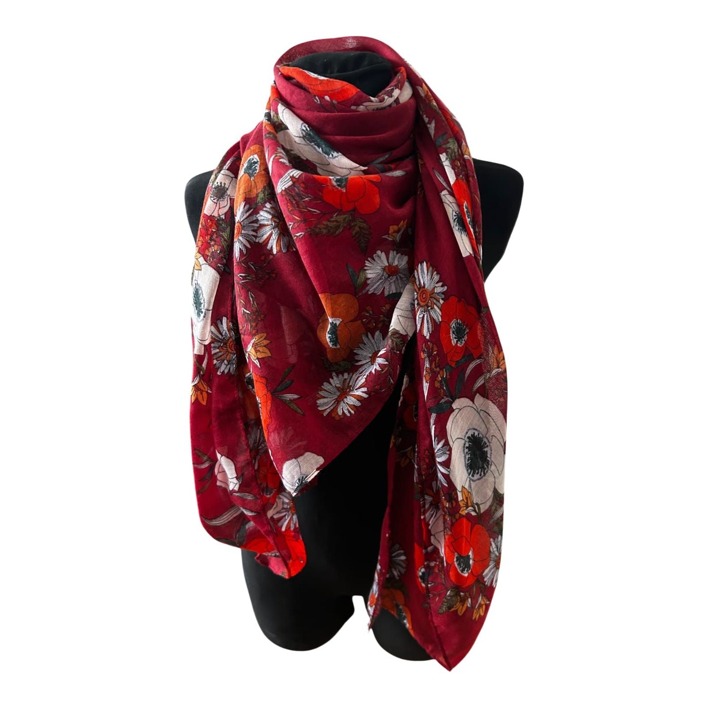 Damen Tuch Blumen Bordeaux Rot Creme 130 x 130 cm