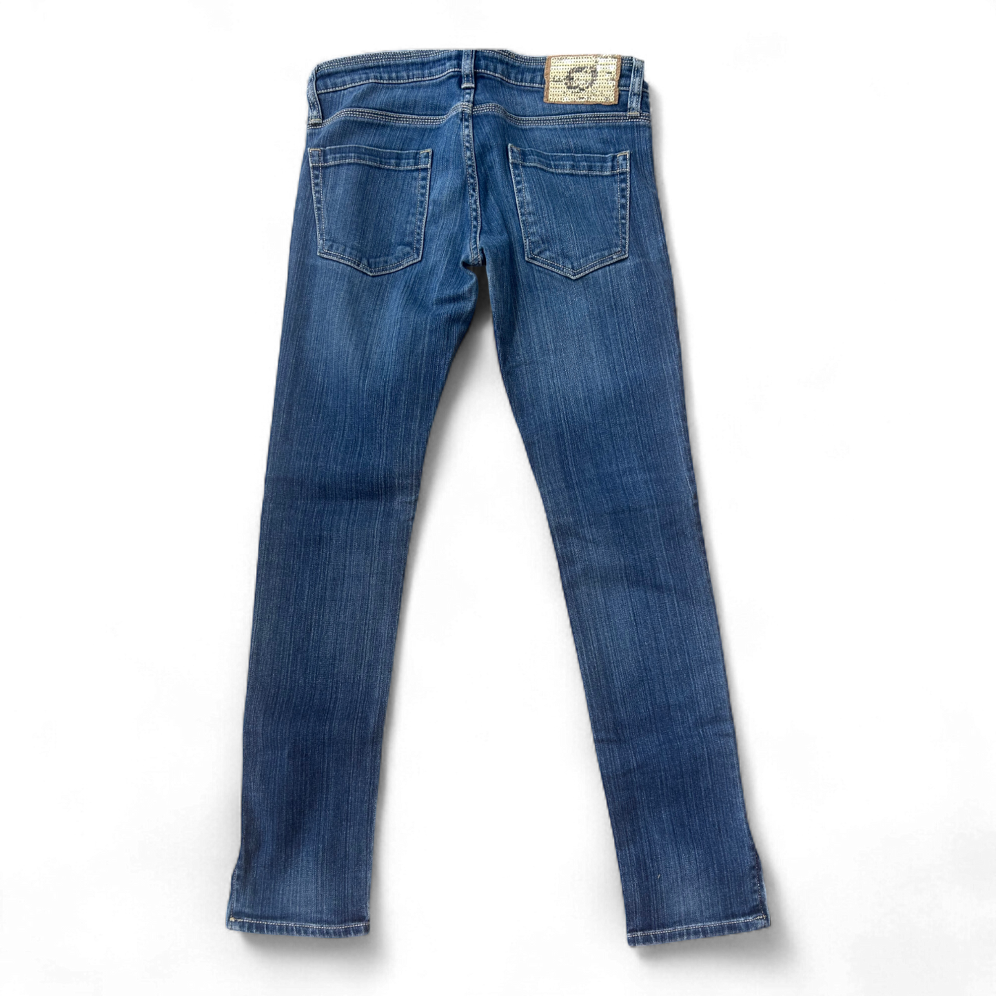 Castro Skinny Jeans Gr 38 Stretch Denim Dunkelblau Zipper Saum Gold Logo Patch