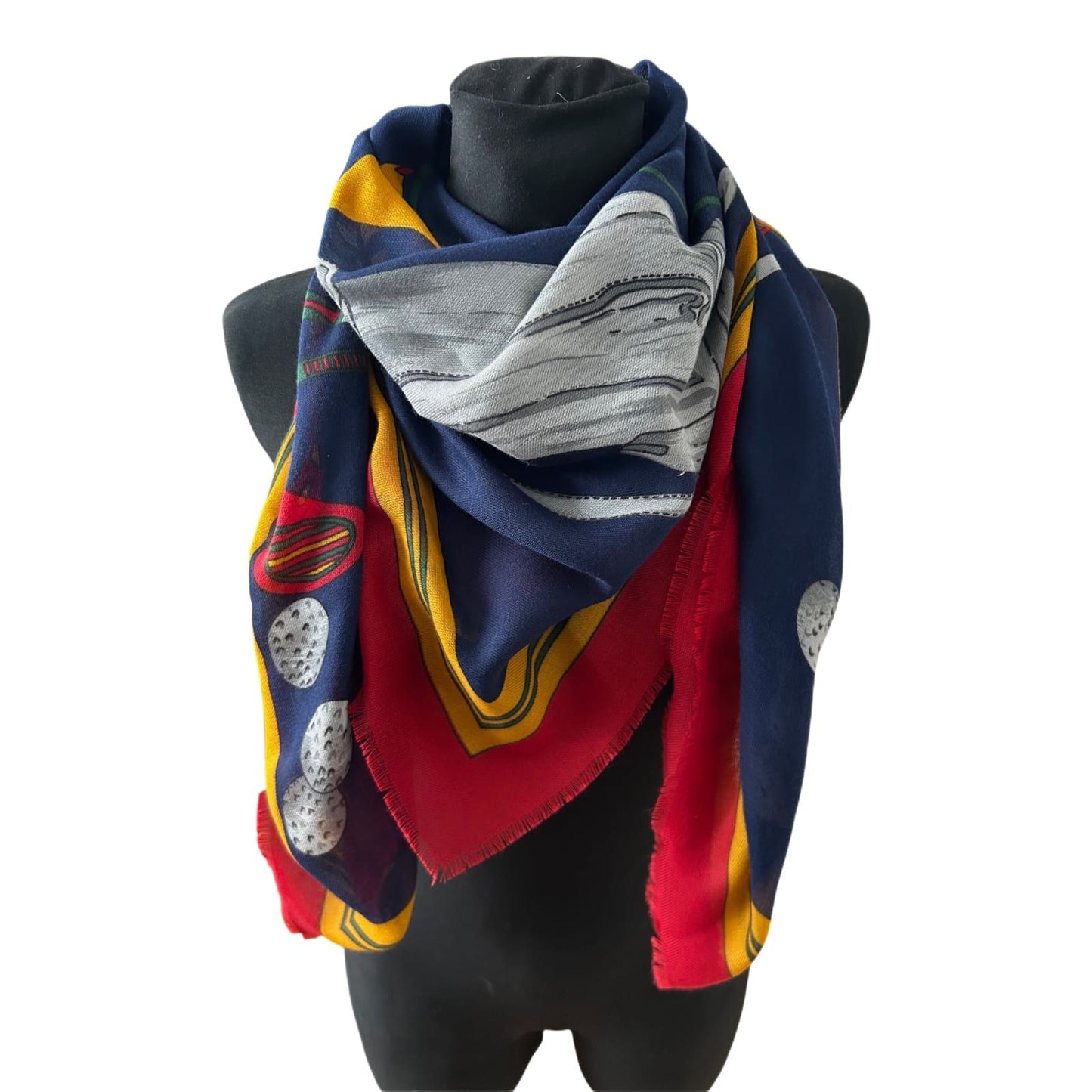 Wunderschönes Damen Tuch Golfmotiv Blau Rot Gelb Baumwollmix 120 x 120 cm