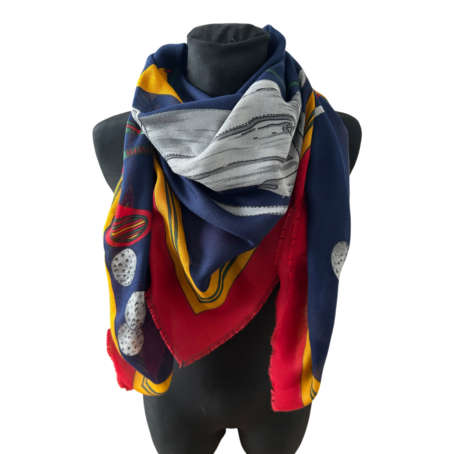 Wunderschönes Damen Tuch Golfmotiv Blau Rot Gelb Baumwollmix 120 x 120 cm