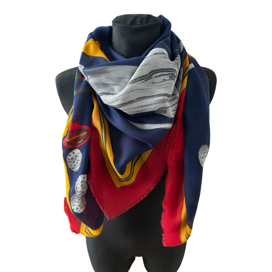 Wunderschönes Damen Tuch Golfmotiv Blau Rot Gelb Baumwollmix 120 x 120 cm