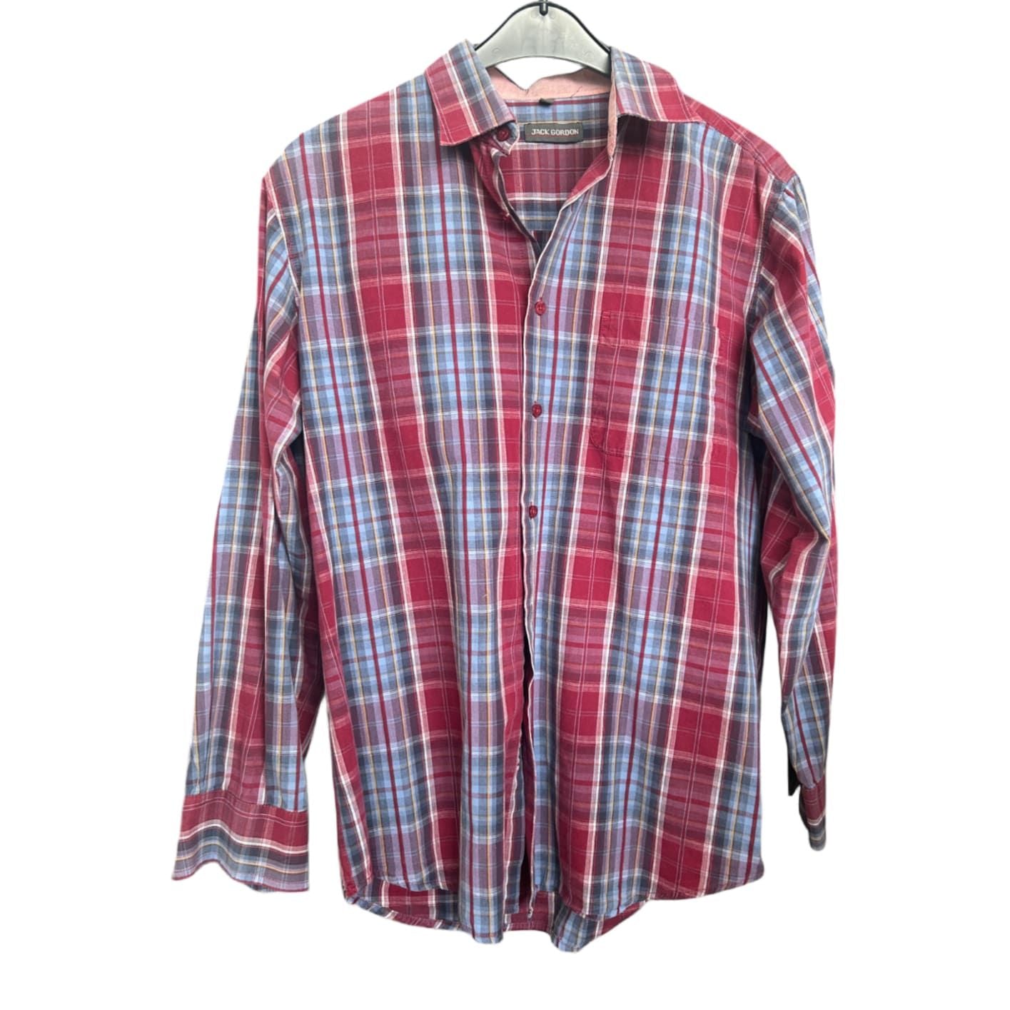 Jack Gordon Hemd M Baumwolle Langarm Kariert Blau Rot 100 % Cotton Vintage Look