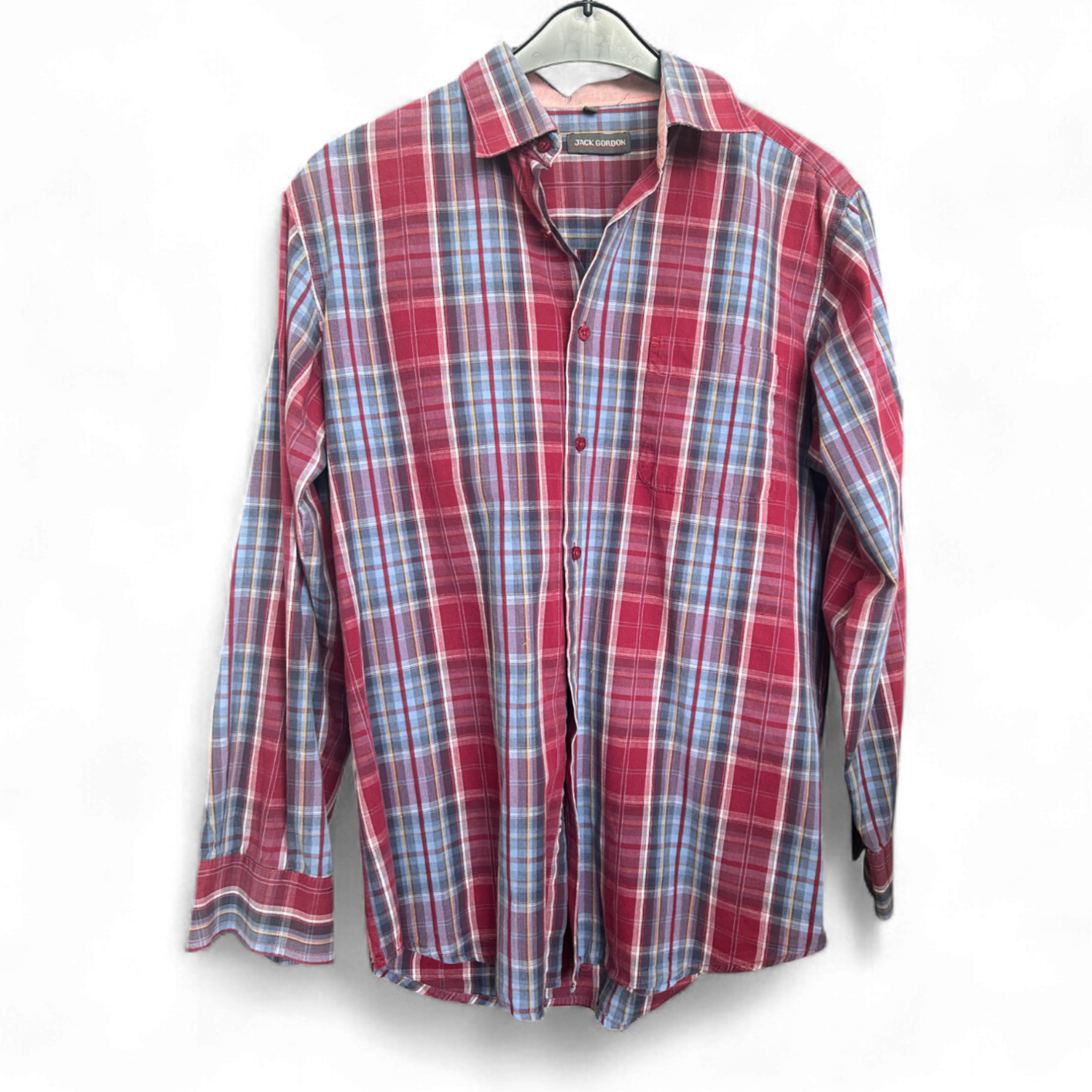 Jack Gordon Hemd M Baumwolle Langarm Kariert Blau Rot 100 % Cotton Vintage Look