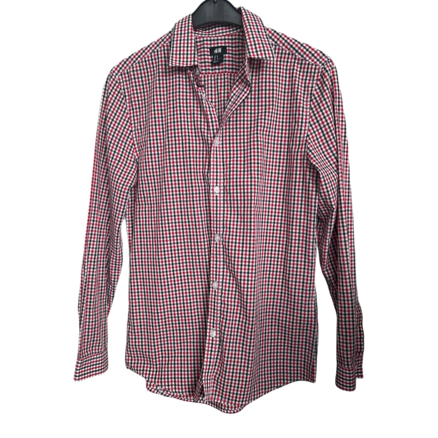H&M Hemd M Kariert Rot Blau Langarm Easy Care Herrenhemd Bügelleicht Casual