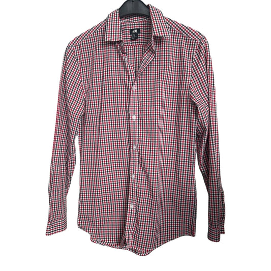 H&M Hemd M Kariert Rot Blau Langarm Easy Care Herrenhemd Bügelleicht Casual