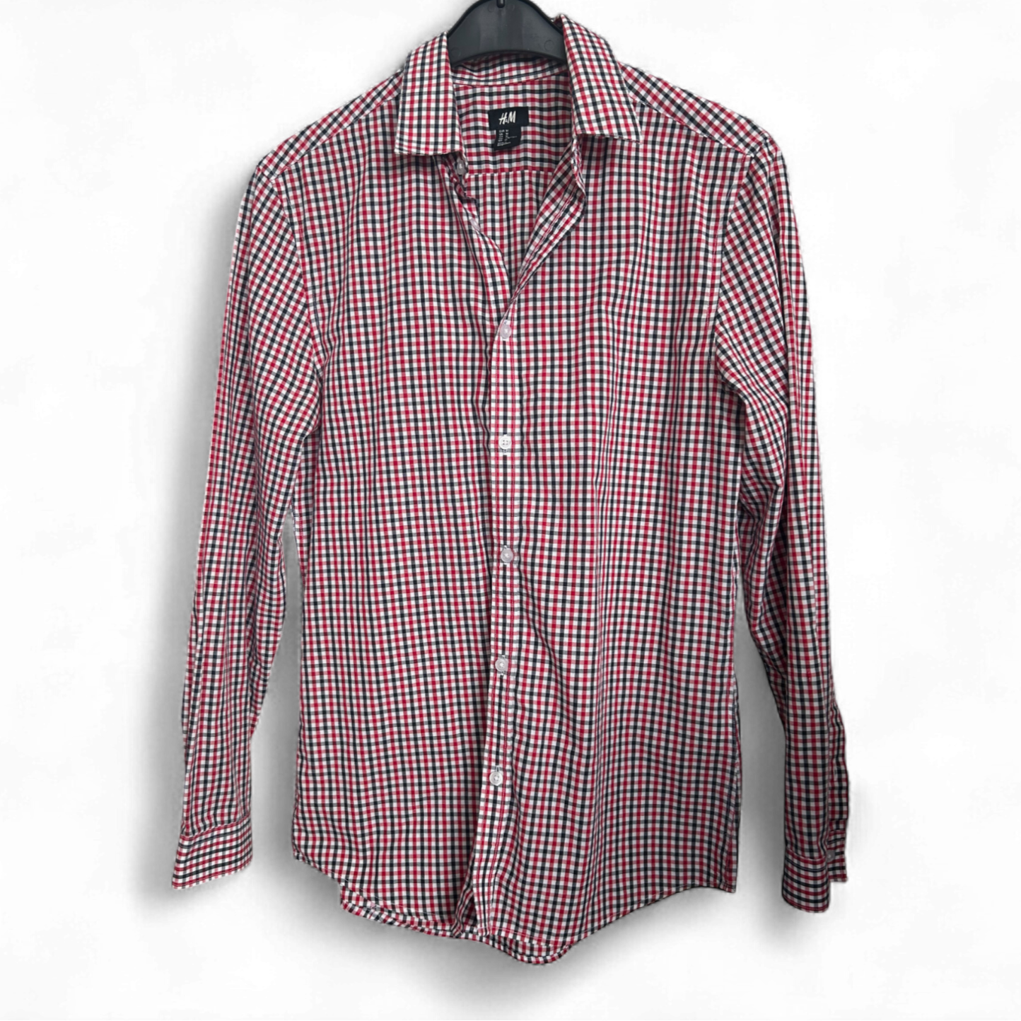 H&M Hemd M Kariert Rot Blau Langarm Easy Care Herrenhemd Bügelleicht Casual