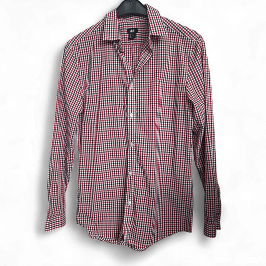 H&M Hemd M Kariert Rot Blau Langarm Easy Care Herrenhemd Bügelleicht Casual