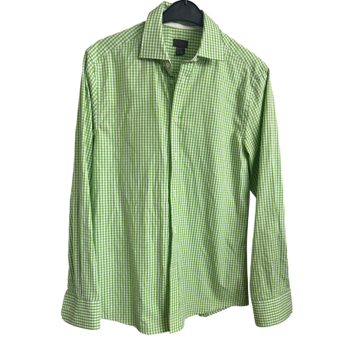 H&M Hemd M Grün Kariert Baumwolle Langarm 100 % Cotton Herrenhemd Freizeit