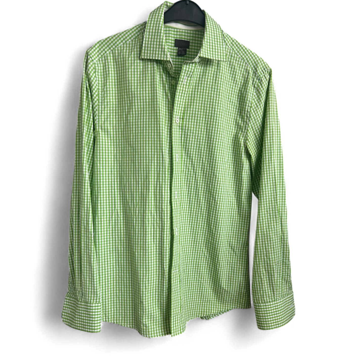 H&M Hemd M Grün Kariert Baumwolle Langarm 100 % Cotton Herrenhemd Freizeit