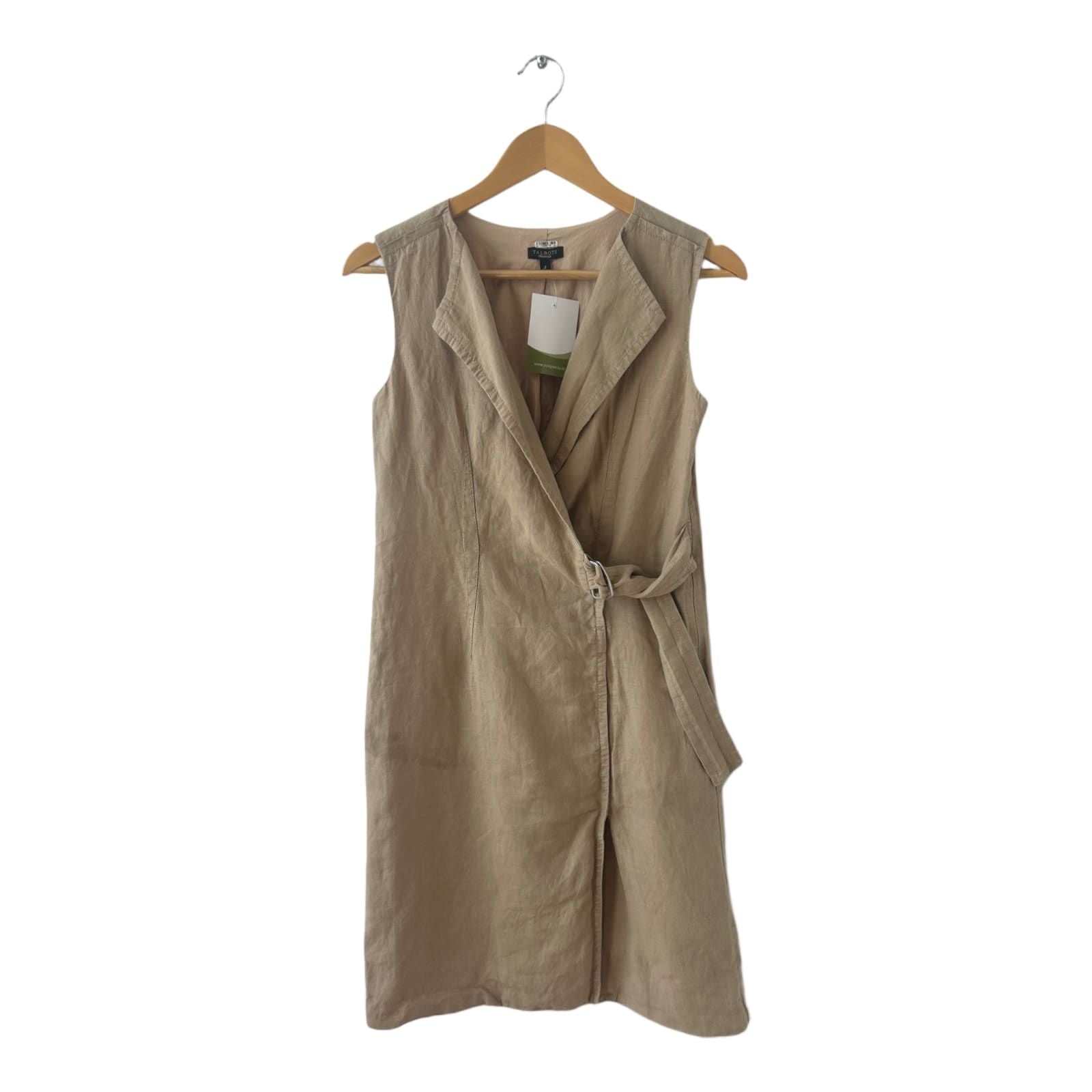 Talbots Kleid Damen Dress Damenkleid Gr. XS Leinen Sommer Wickel Gürtel Beige