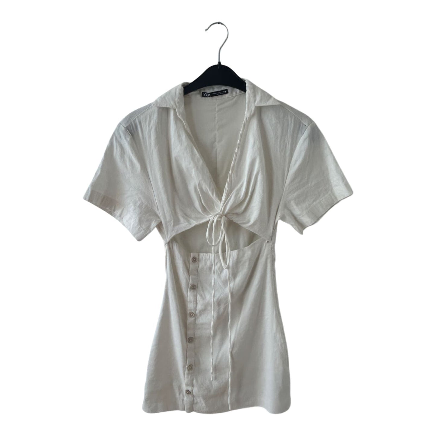 Zara Kleid Damen Dress Damenkleid Gr. XS Leinen Weiß Knopfleiste Cut Out Sommer