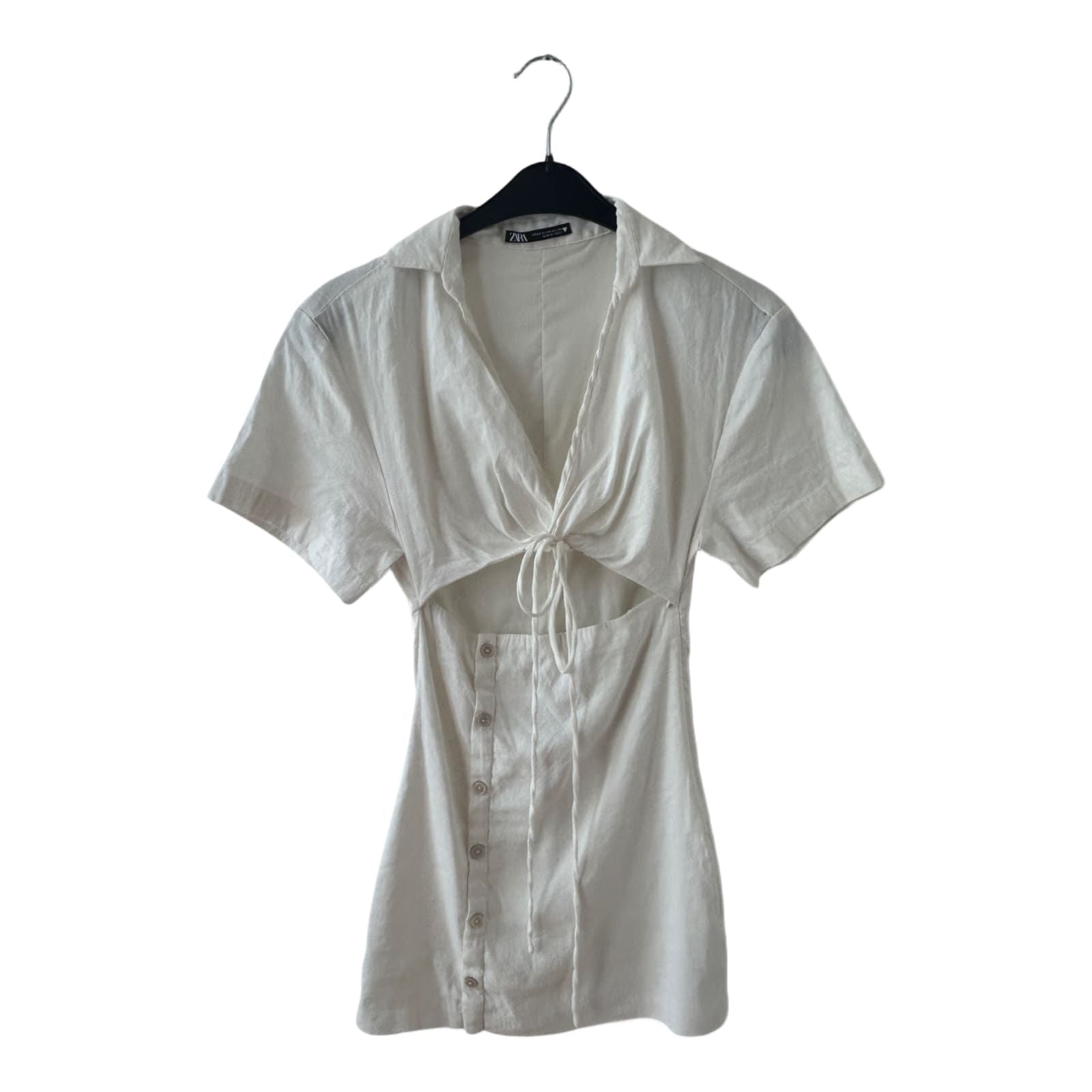 Zara Kleid Damen Dress Damenkleid Gr. XS Leinen Weiß Knopfleiste Cut Out Sommer