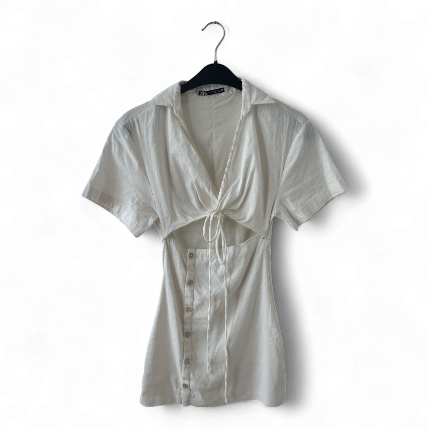 Zara Kleid Damen Dress Damenkleid Gr. XS Leinen Weiß Knopfleiste Cut Out Sommer