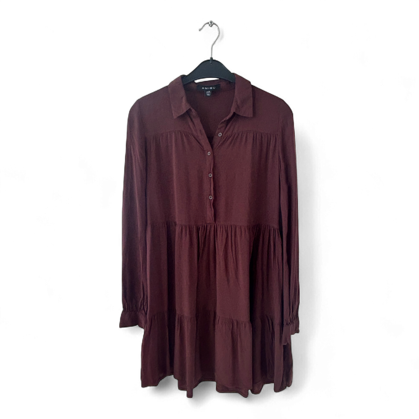 Amisu Kleid Damen Dress Damenkleid Gr. 34 Braun Tunika Langarm Viskose Modisch