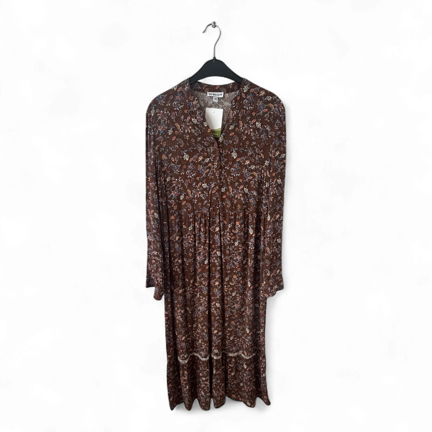 Manguun Kleid Damen Dress Damenkleid Gr. 36 Braun Viskose Langarm Floral Midi