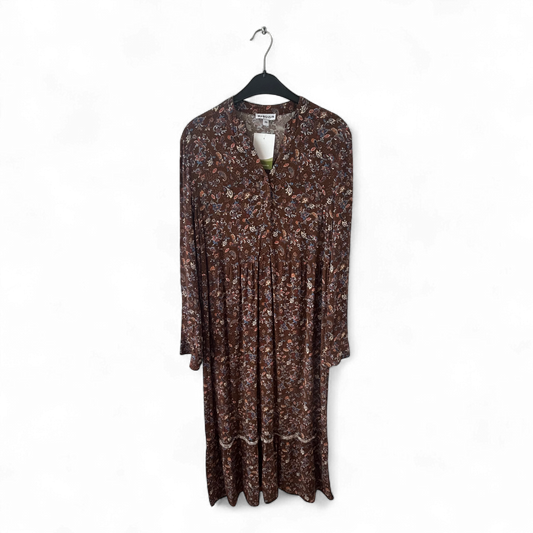 Manguun Kleid Damen Dress Damenkleid Gr. 36 Braun Viskose Langarm Floral Midi