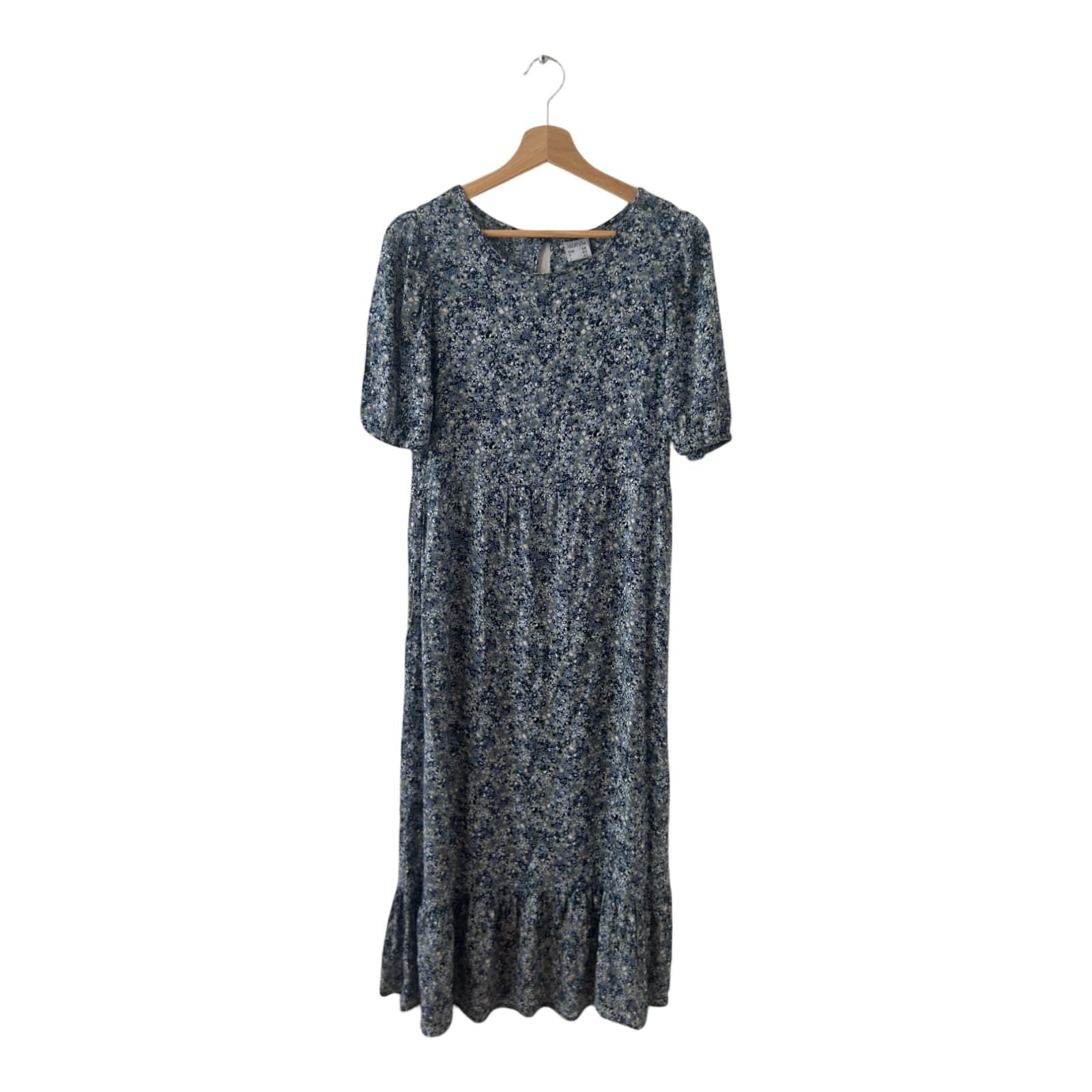 Janina Kleid Damen Dress Damenkleid Gr. 38 Blau Blumen Puffärmel Boho Vintage