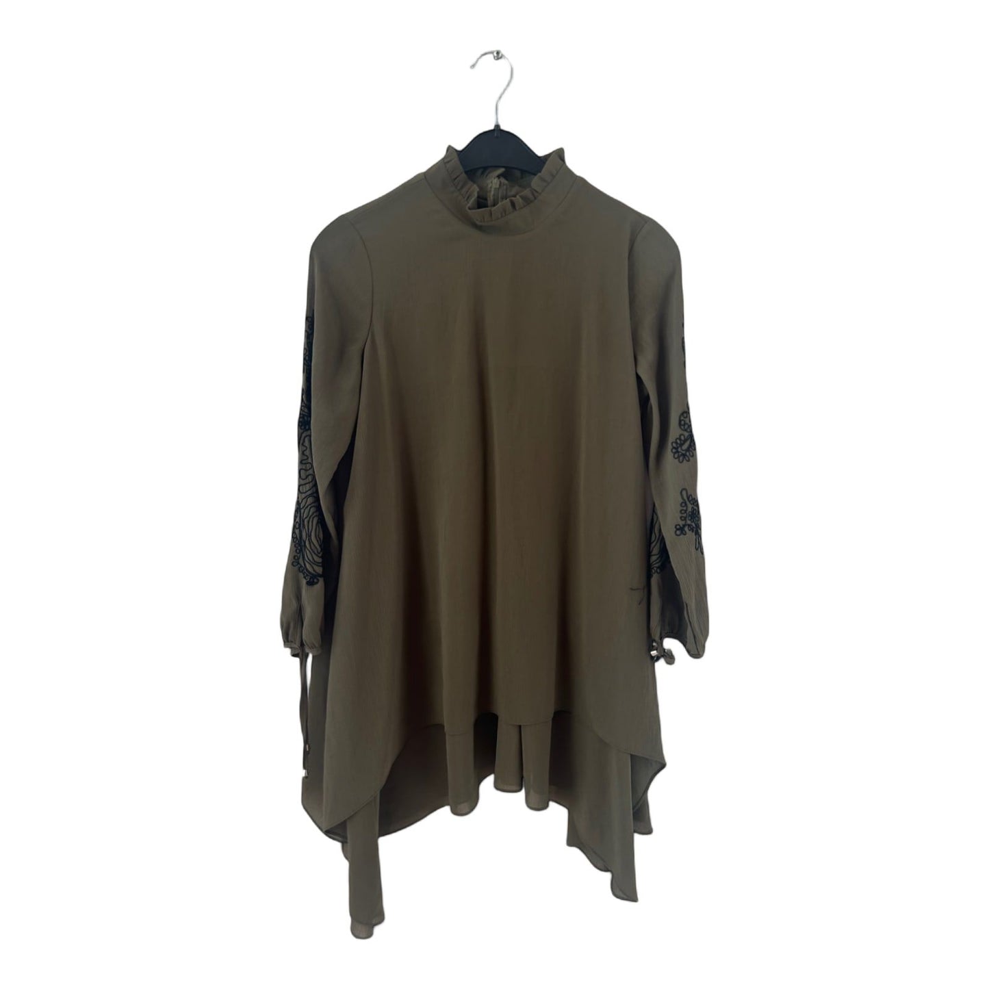 FAMELIN Tunika Damen Dress Damenkleid Gr. 40 Khaki Stickerei Asymmetrisch Boho
