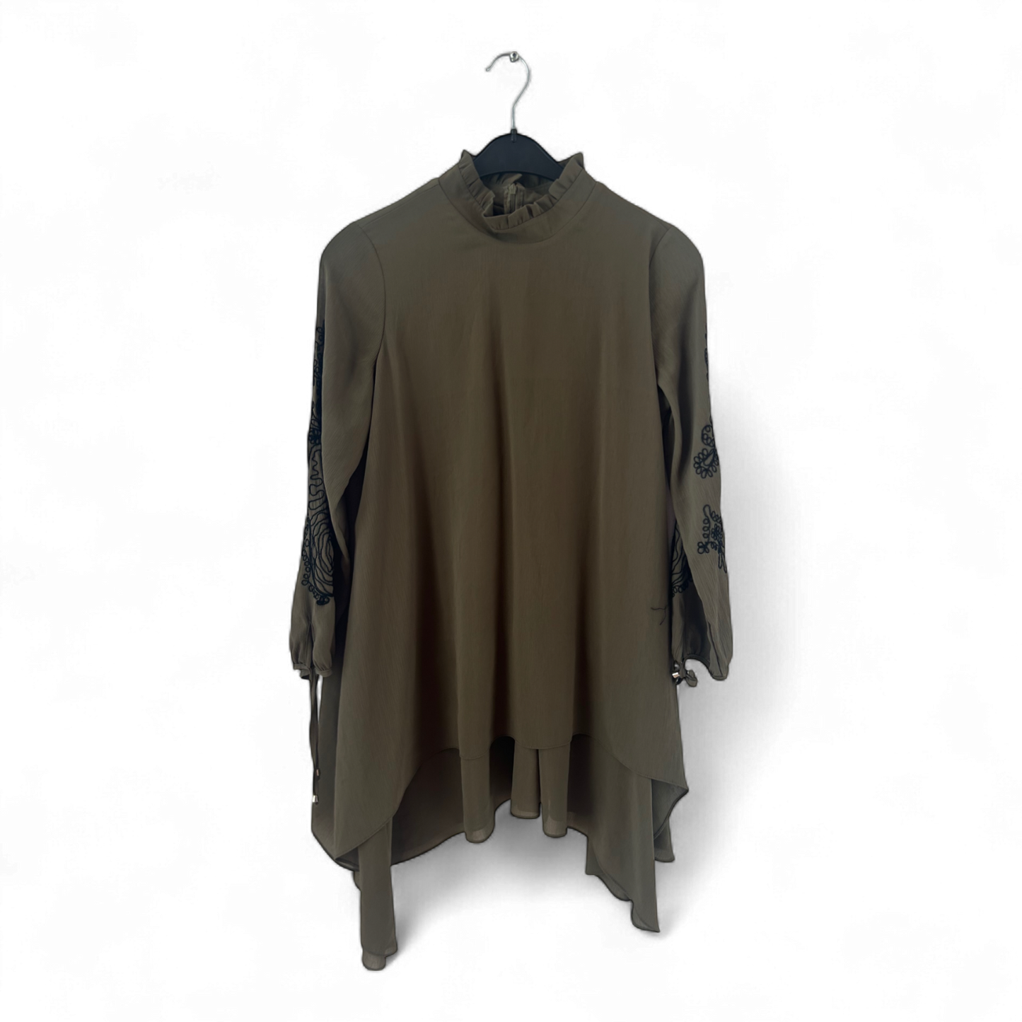 FAMELIN Tunika Damen Dress Damenkleid Gr. 40 Khaki Stickerei Asymmetrisch Boho