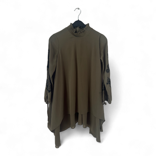 FAMELIN Tunika Damen Dress Damenkleid Gr. 40 Khaki Stickerei Asymmetrisch Boho