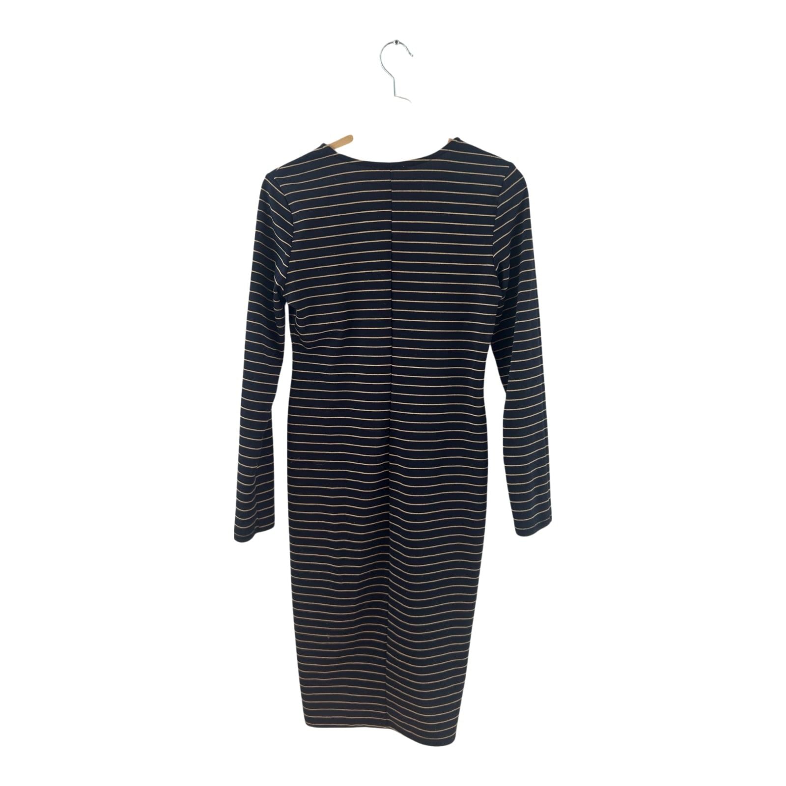 ZARA Kleid Damen Dress Damenkleid Gr. L Dunkelblau Beige Streifen Stretch Herbst