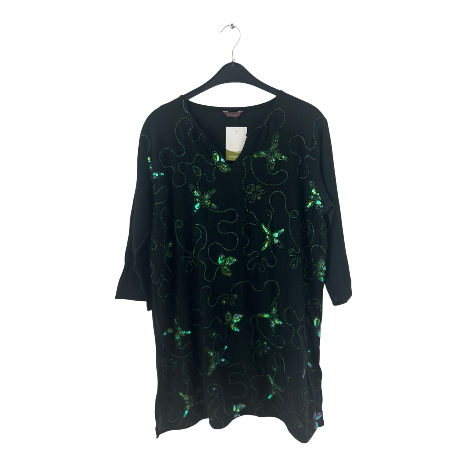 Donna IO Tunika Damen Dress Damenkleid Gr. L Schwarz Grün Pailletten Boho Look