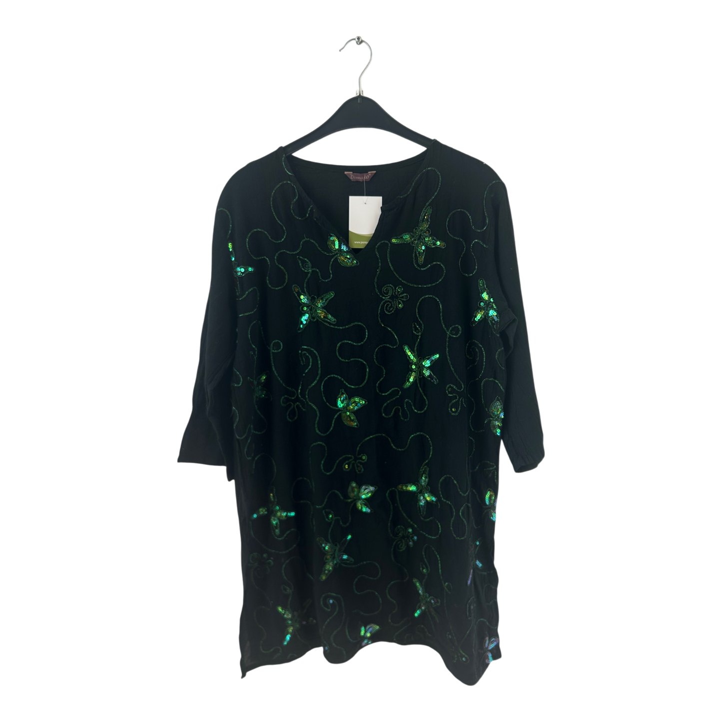 Donna IO Tunika Damen Dress Damenkleid Gr. L Schwarz Grün Pailletten Boho Look