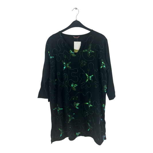 Donna IO Tunika Damen Dress Damenkleid Gr. L Schwarz Grün Pailletten Boho Look