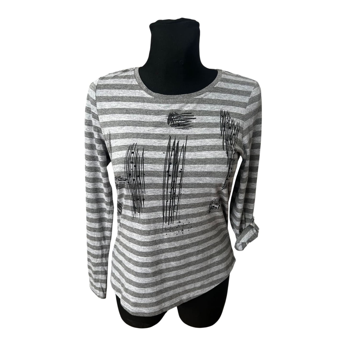 Gina Benotti Damen Langarmshirt Gr S Grau Gestreift Baumwolle Krempelärmel