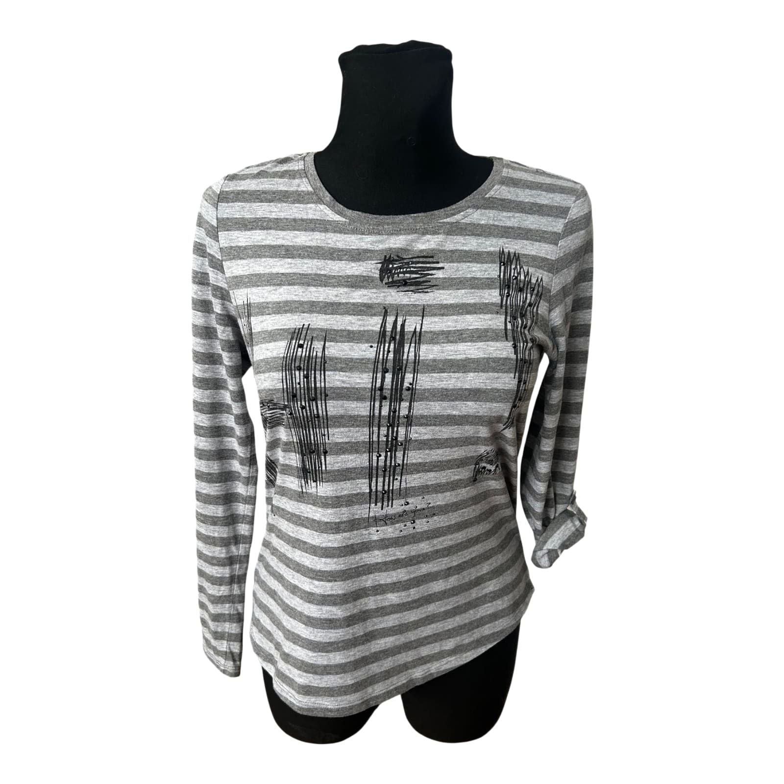 Gina Benotti Damen Langarmshirt Gr S Grau Gestreift Baumwolle Krempelärmel