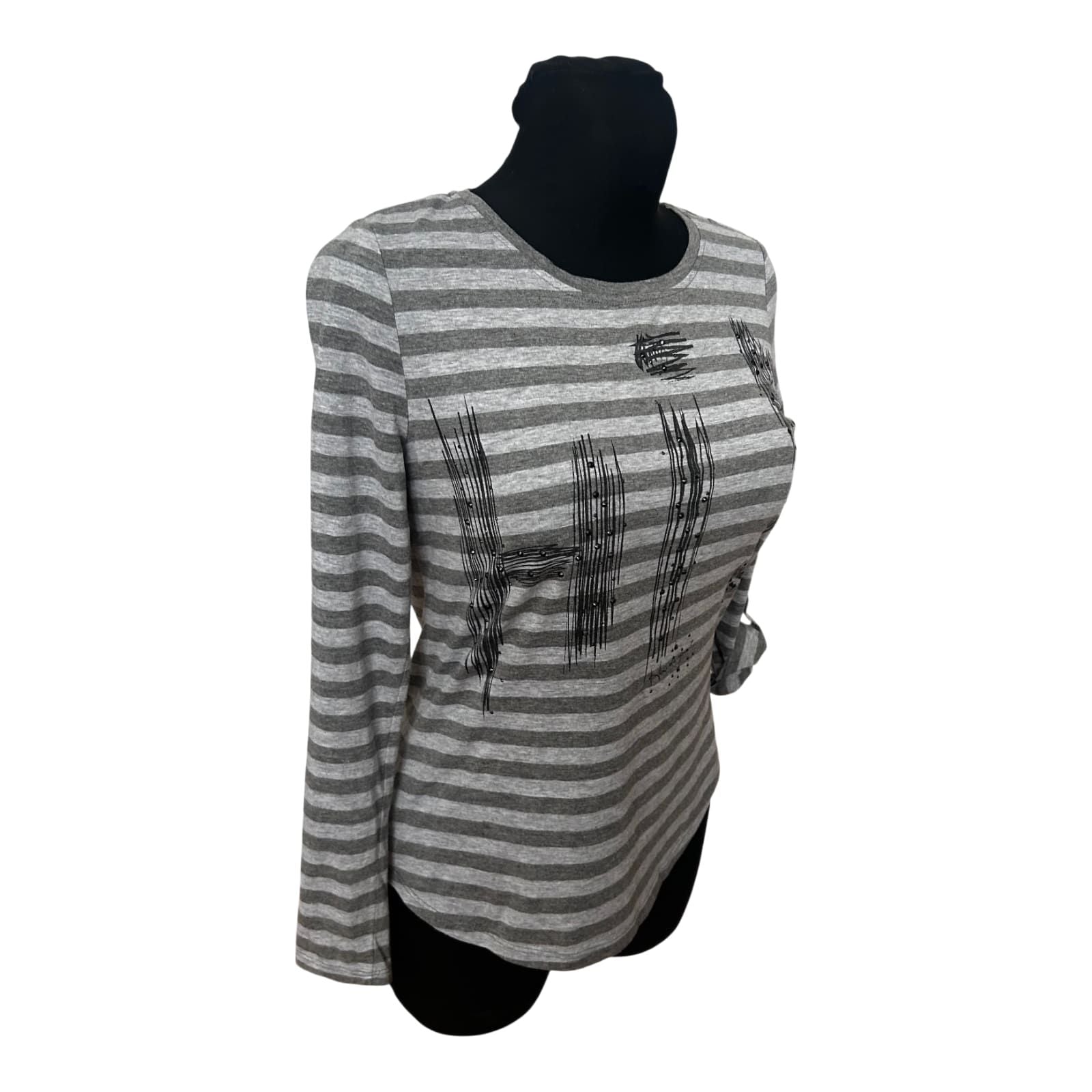Gina Benotti Damen Langarmshirt Gr S Grau Gestreift Baumwolle Krempelärmel