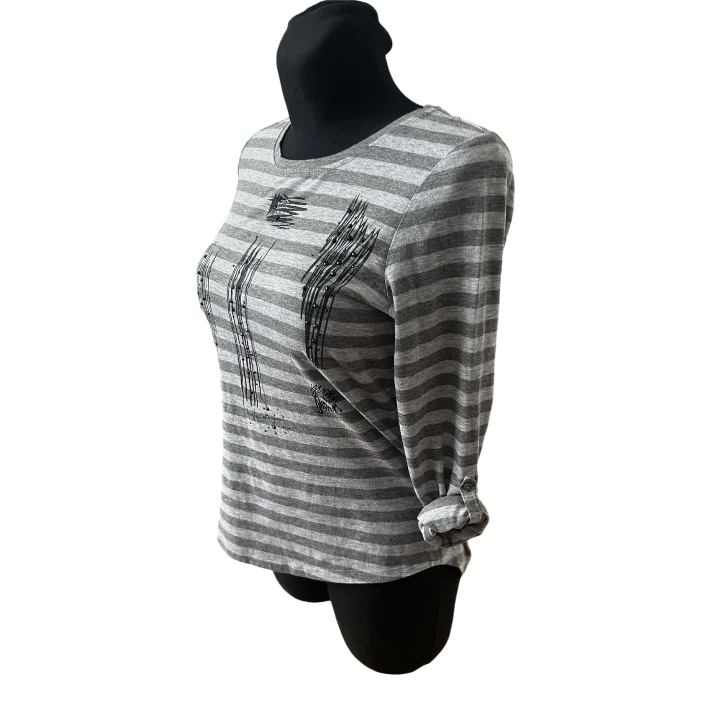 Gina Benotti Damen Langarmshirt Gr S Grau Gestreift Baumwolle Krempelärmel