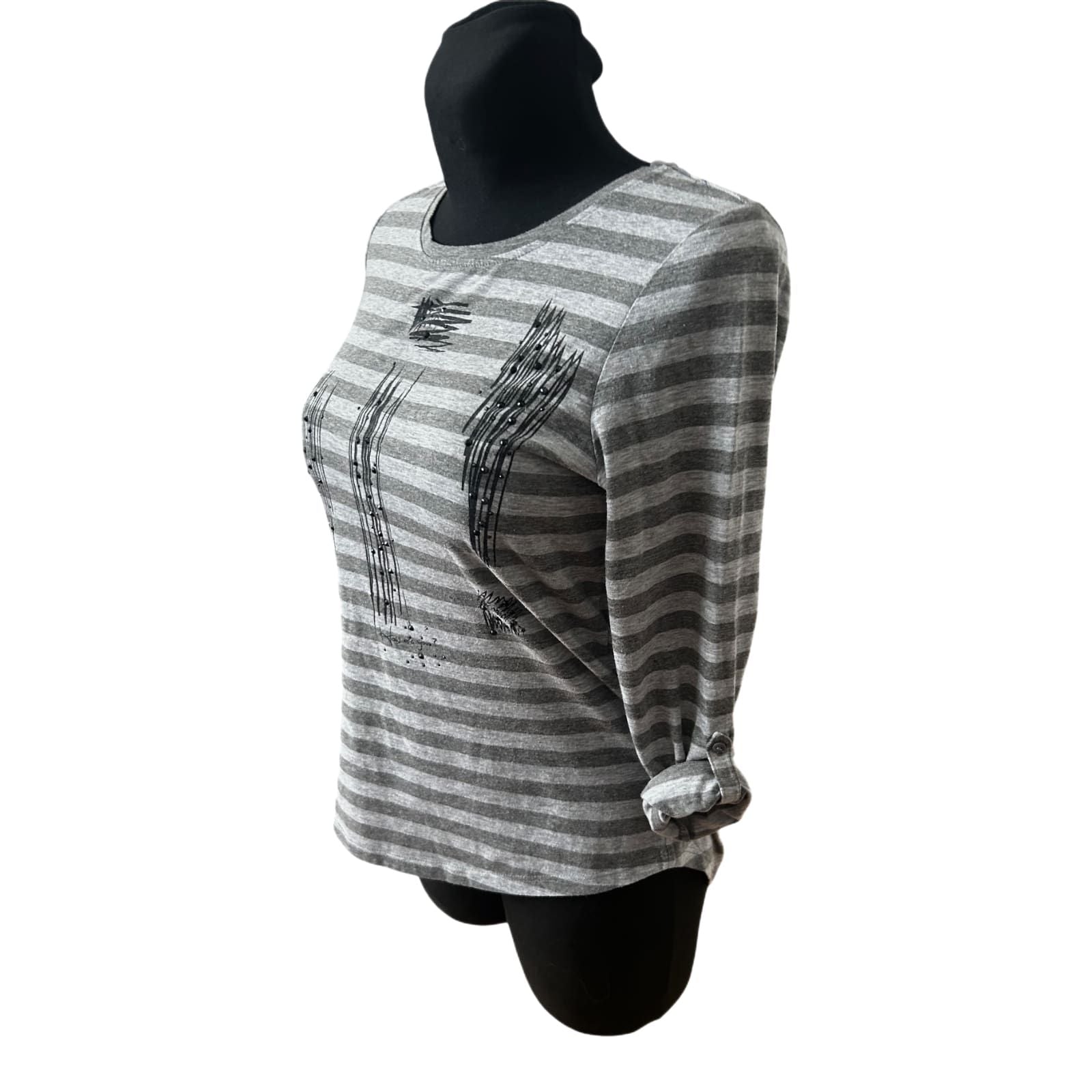 Gina Benotti Damen Langarmshirt Gr S Grau Gestreift Baumwolle Krempelärmel