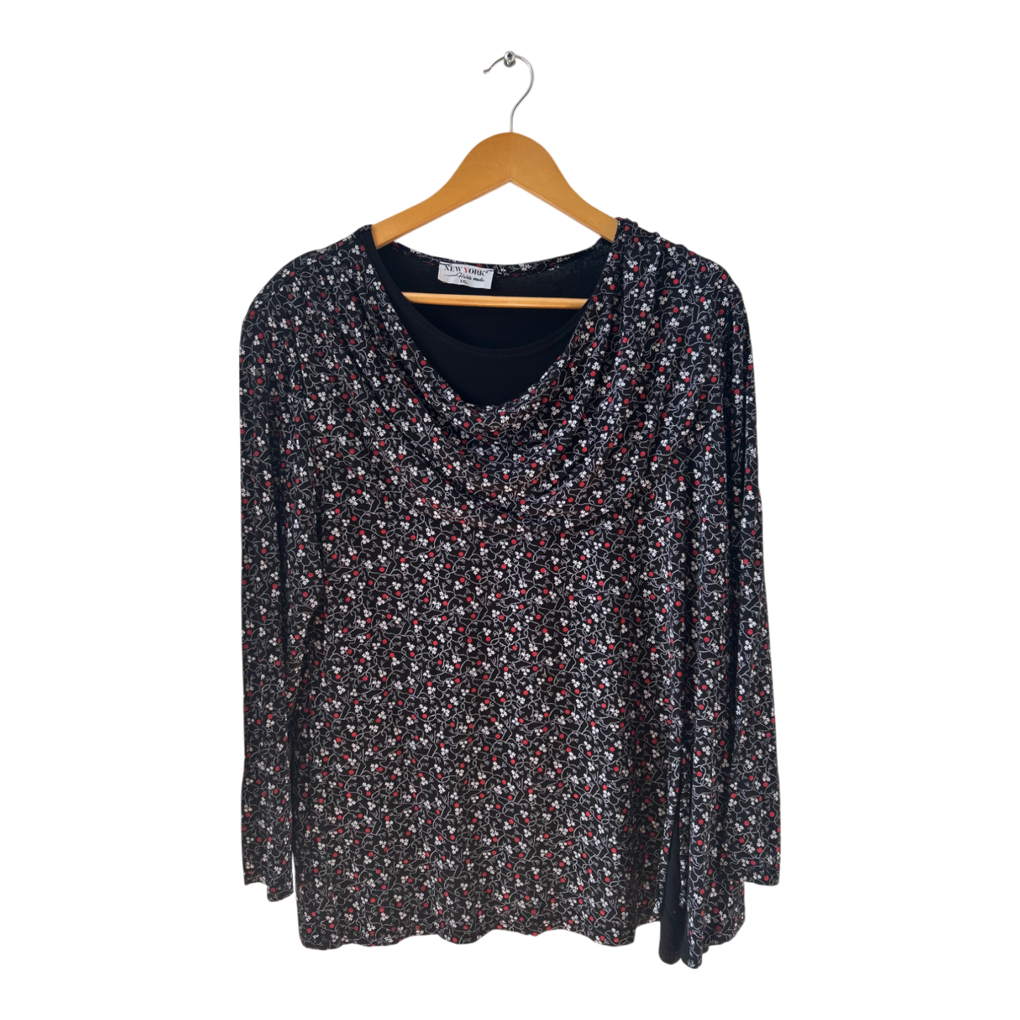 Haris Moda Shirt XXL Blumenmuster Wasserfallkragen Schulterpolster elastisch elegant