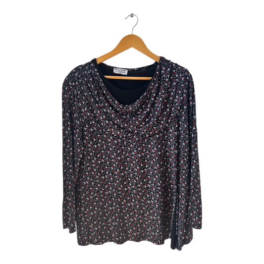 Haris Moda Shirt XXL Blumenmuster Wasserfallkragen Schulterpolster elastisch elegant