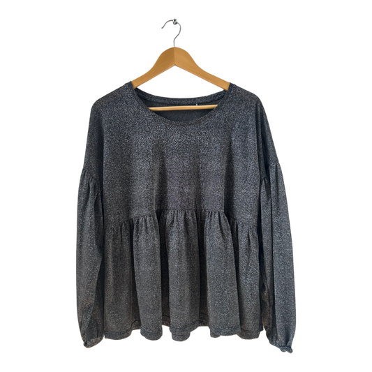 Schicke graue Glitzer Bluse mit Raffung Glanz Effekt festlich elegant Gr XL