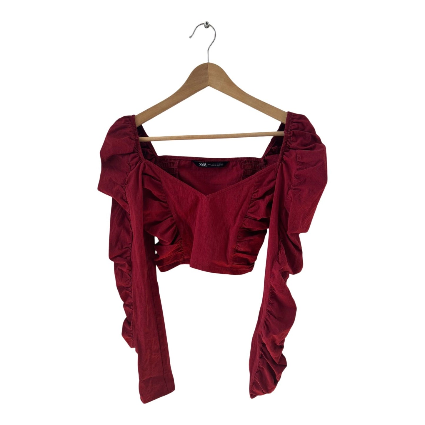 Zara Crop Top S bordeaux Rüschen Carmen Stil Baumwolle Stretch elegant Party Look