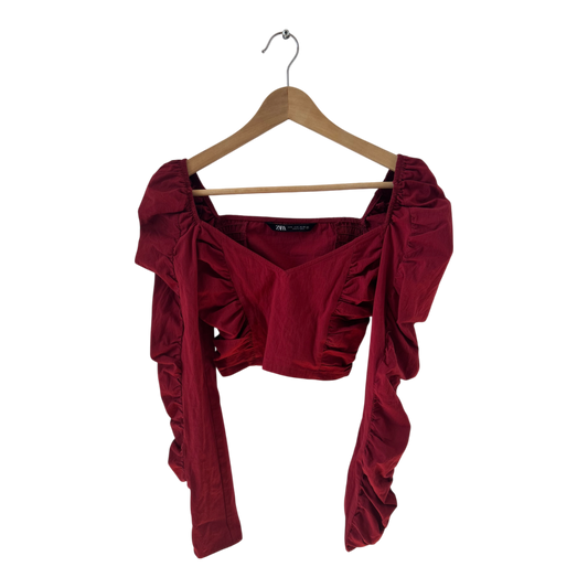 Zara Crop Top S bordeaux Rüschen Carmen Stil Baumwolle Stretch elegant Party Look