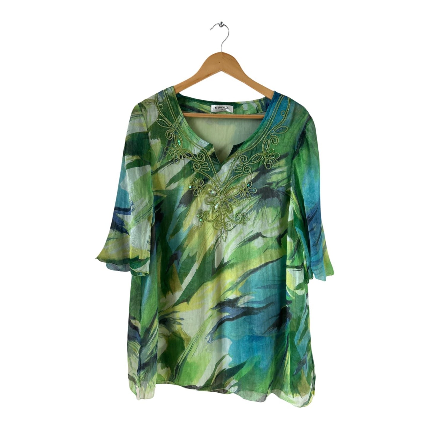 Eder Tunika XXL grün blau mit Stickerei Seidenanteil gefüttert 3/4 Arm elegant