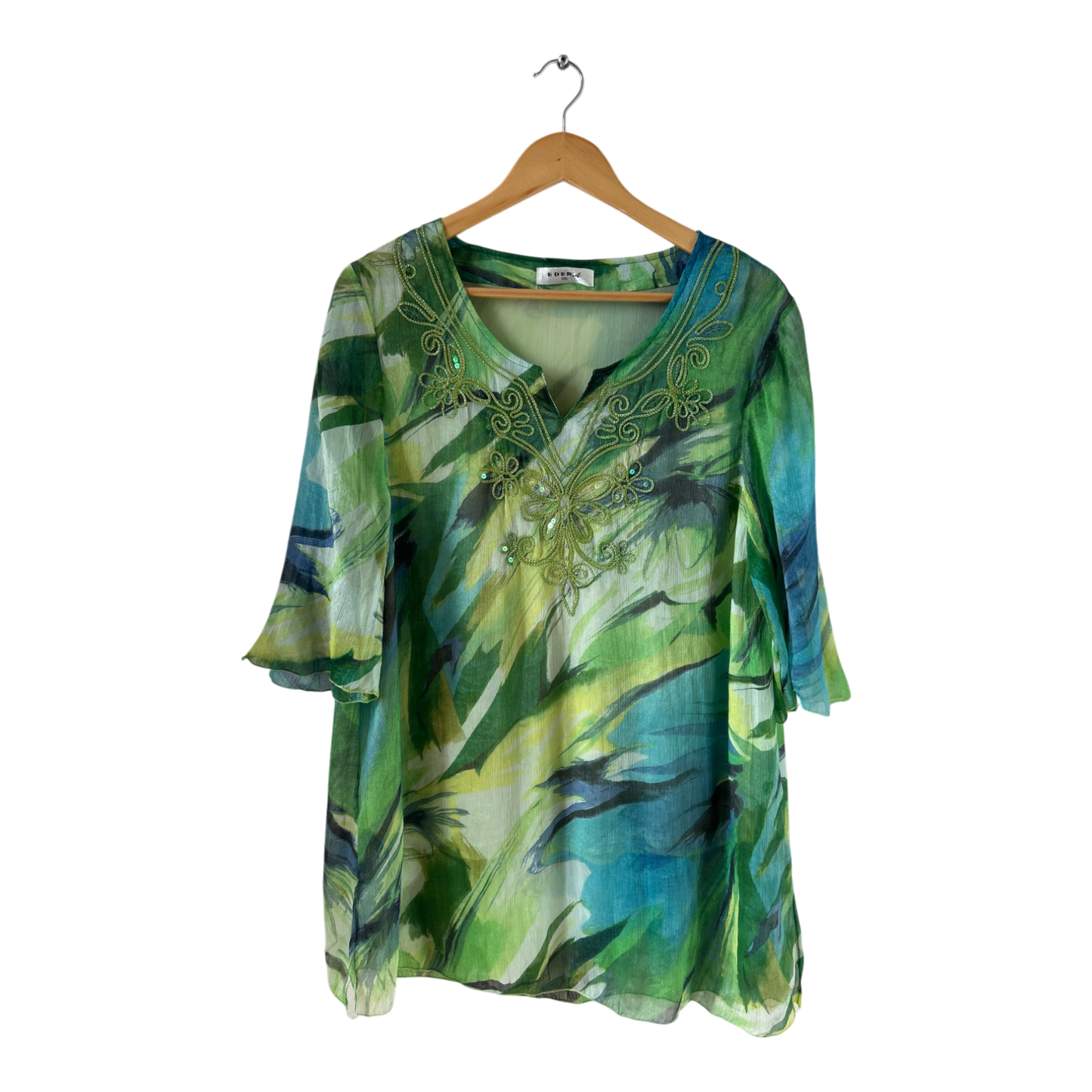 Eder Tunika XXL grün blau mit Stickerei Seidenanteil gefüttert 3/4 Arm elegant