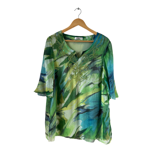 Eder Tunika XXL grün blau mit Stickerei Seidenanteil gefüttert 3/4 Arm elegant