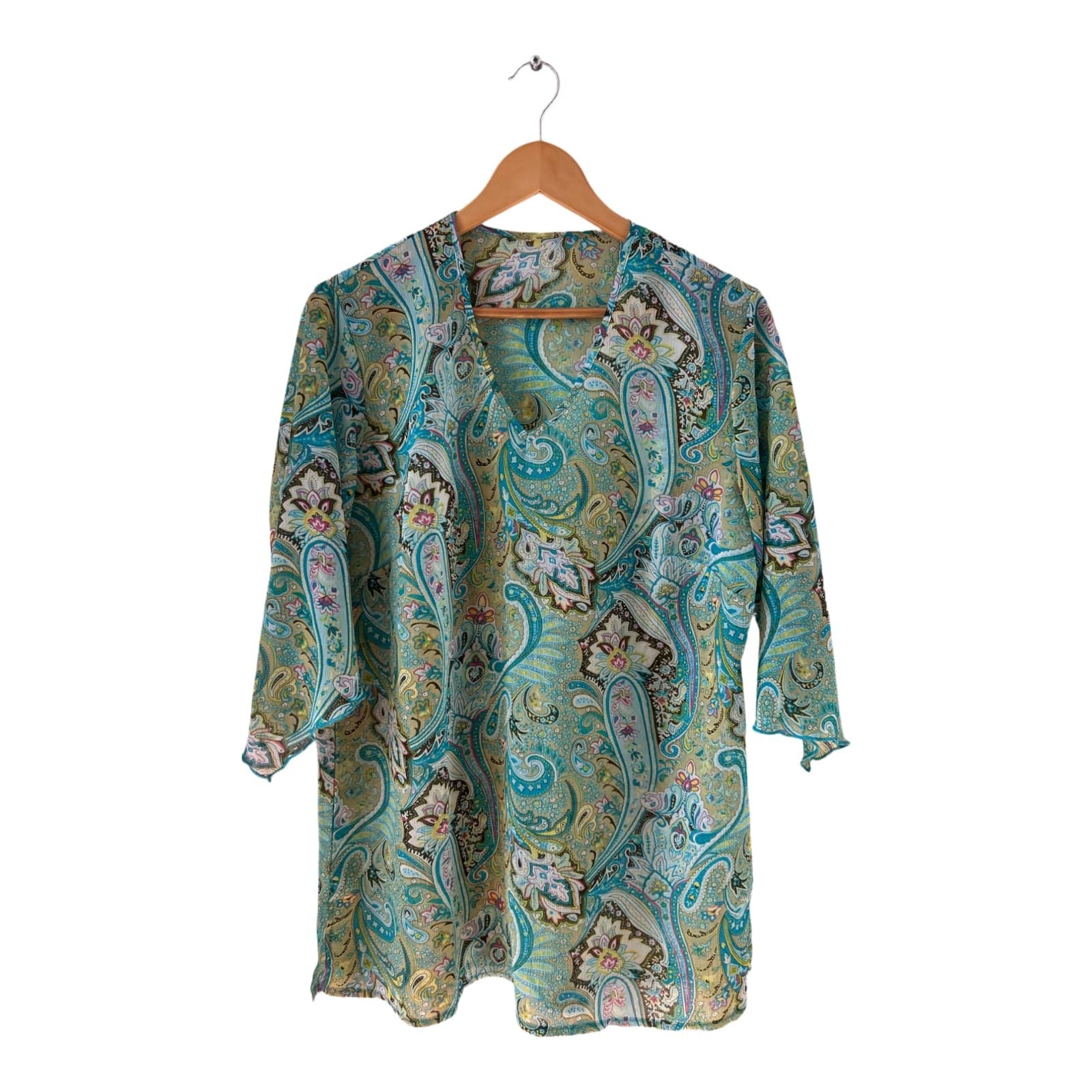 Boho Tunika mit Paisley Print in Türkis, 3/4 Arm, Gr 44, luftig & elegant