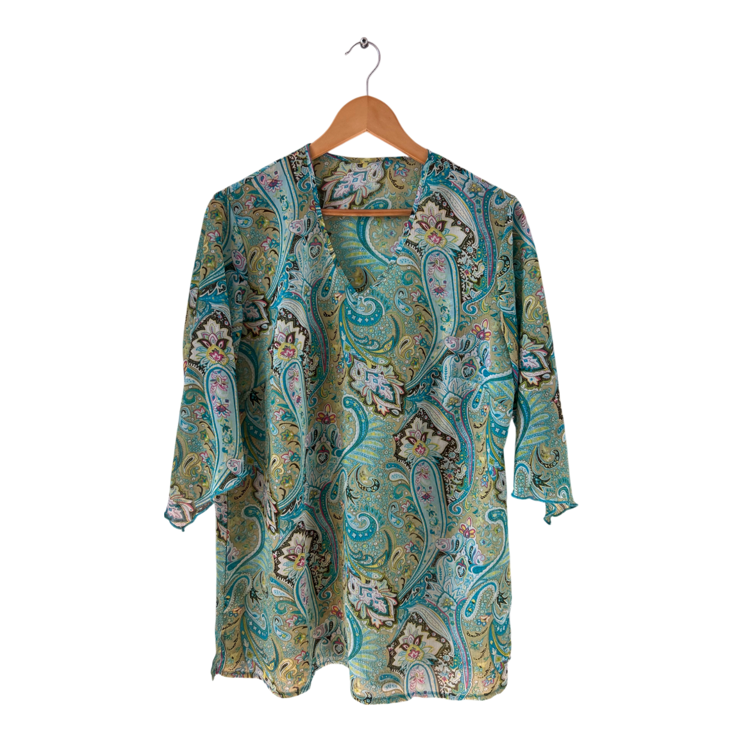 Boho Tunika mit Paisley Print in Türkis, 3/4 Arm, Gr 44, luftig & elegant