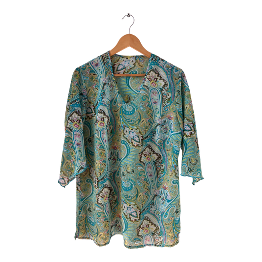 Boho Tunika mit Paisley Print in Türkis, 3/4 Arm, Gr 44, luftig & elegant