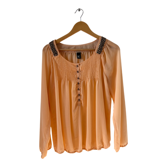 Best Connections Bluse 36 apricot Langarm Ziersteine Falten elegant weich fließend