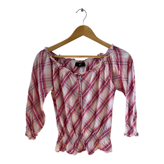 Sisters Point Bluse S Karo Carmen rosa weiß Baumwolle Smok Volant Vintage Style Top