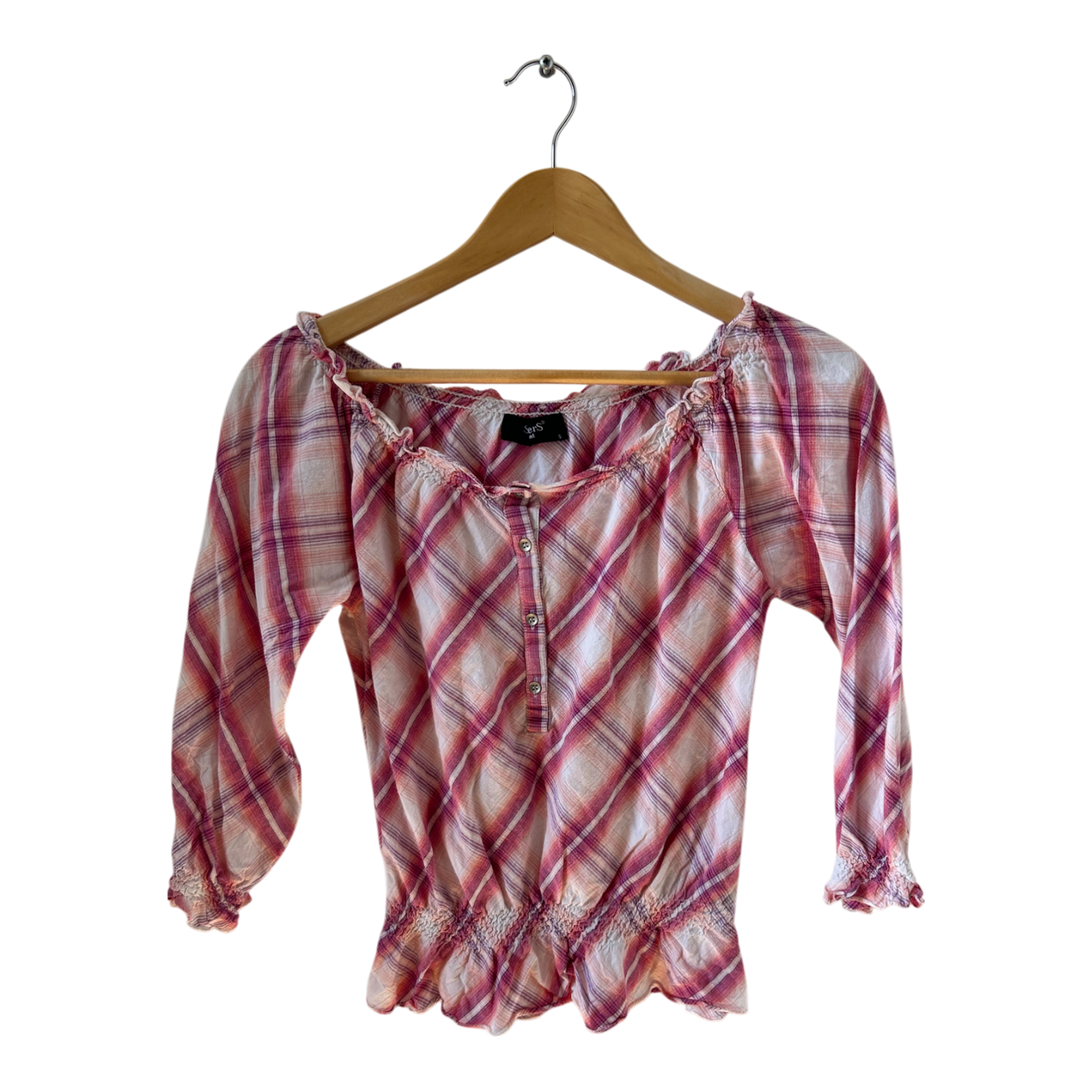 Sisters Point Bluse S Karo Carmen rosa weiß Baumwolle Smok Volant Vintage Style Top