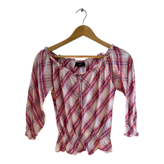 Sisters Point Bluse S Karo Carmen rosa weiß Baumwolle Smok Volant Vintage Style Top